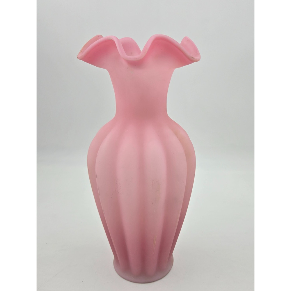 Fenton Art Glass Rose Satin Ruffled Melon Vase 1970's Vintage 11" Large Version